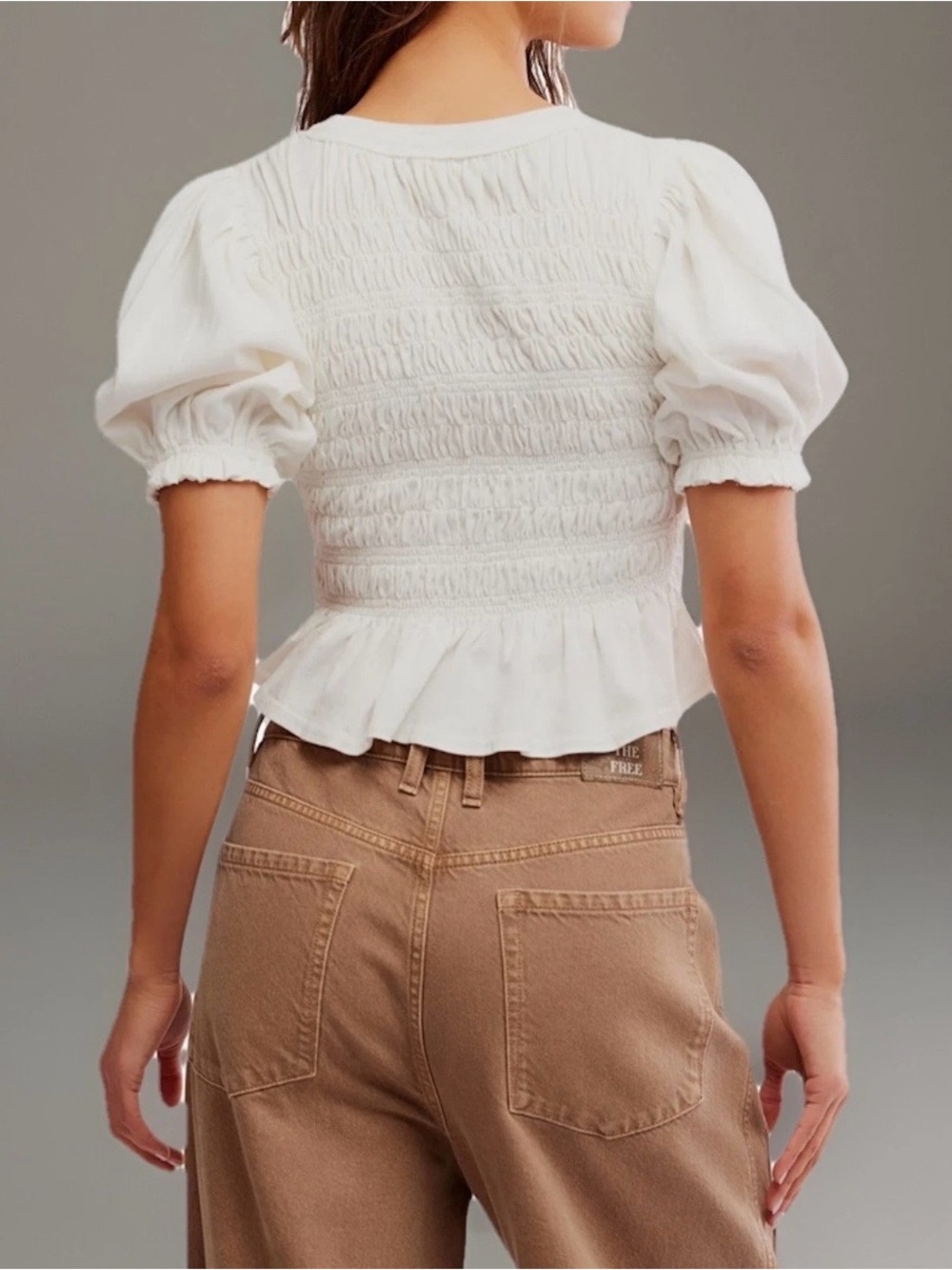Free People NWT Maxey Smocked Ruffled Cream Puffed Half Sleeve Knit Top, XS - Picture 9 of 12